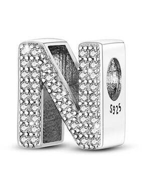 Sterling Silver Initial Charm Bead Cubic Zirconia Bracelet Necklace